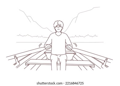 Young man rowing in boat relax on vacation in mountains. Smiling guy sit in ship enjoy outdoor recreation in nature. Vector illustration. 