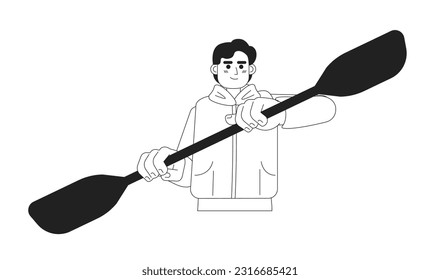 Young man rowing with kayak paddle monochromatic flat vector character. Male kayaker paddling. Editable thin line half body person on white. Simple bw cartoon spot image for web graphic design