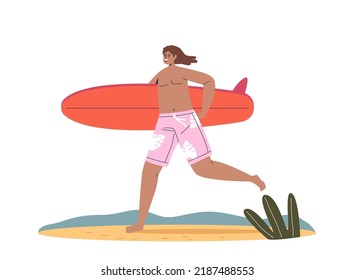 Young man run holding surfboard. Boy in swimsuit with surf board. Male surfer enjoy summer activity at sea. Surfing on holidays concept. Cartoon flat vector illustration