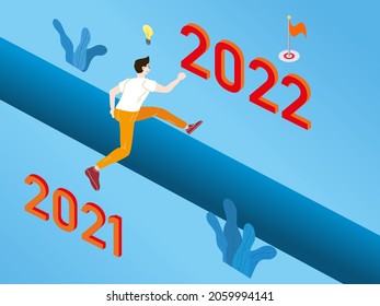 Young man run and jump from 2021 to 2022 years. Success business, energetic, challenge, goal concept. Vector illustration cartoon flat