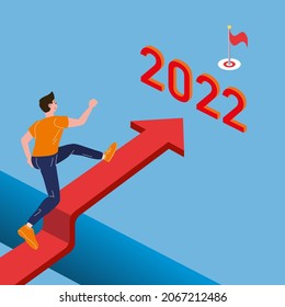Un joven corre y salta de 2021 a 2022 años. El negocio del éxito, la energía, el reto, el concepto de objetivo. Plano de dibujos animados