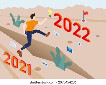 Young man run and jump from 2021 to 2022 years. Success business, energetic, challenge, goal concept. Vector illustration isometric flat