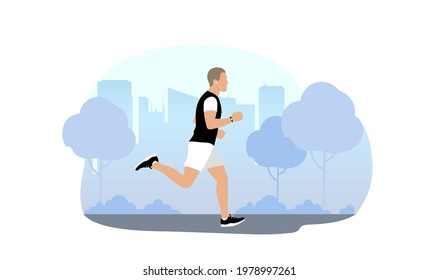 Young man run in the park. A sporty healthy lifestyle. Runner run in the park. Vector illustration
