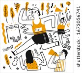 Young man run a race, Hand drawn vector Illustration doodle line art style.