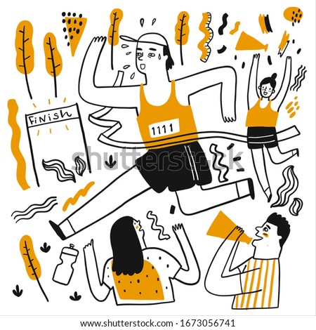 Young man run a race, Hand drawn vector Illustration doodle line art style.