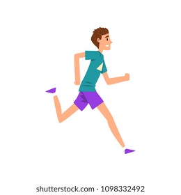 Young man running, active healthy lifestyle concept cartoon vector Illustration on a white background