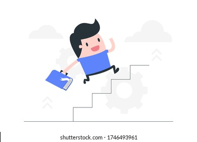 Young man running up along stairs with book .Personal development concept illustration.