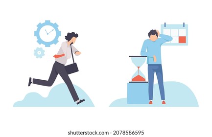 Young Man Running to Appointment and Watching Time Flowing in Hourglass Vector Set