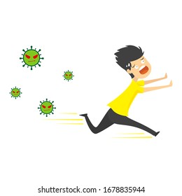 Young man running away from corona virus. Cartoon character of young guy with scared face expression. Flat vector design. corona virus. covid-19.