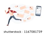 Young man running away from giant smartphone and text messages or e-mails pursuing him. Concept of person overwhelmed by internet notifications. Colorful vector illustration in flat cartoon style.