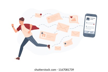 Young man running away from giant smartphone and text messages or e-mails pursuing him. Concept of person overwhelmed by internet notifications. Colorful vector illustration in flat cartoon style.