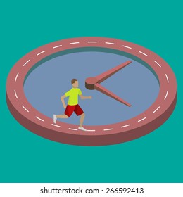 Young man running away on clock. EPS10 illustration isometric vector