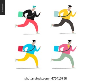 Young man running with a bag in four colors. Flat vector cartoon illustration of a young man hurrying to somewhere, wearing a bag on a long belt.