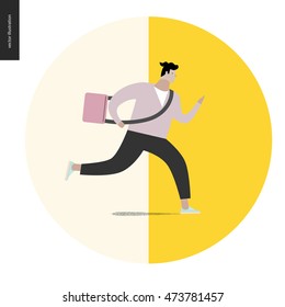 Joven corriendo con una bolsa en forma redonda. Dibujo gráfico de un vector plano de un joven que se apresuraba a algún sitio, llevando una bolsa en un cinturón largo.