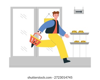Joven corriendo con una bolsa de cesta, con prisa en una panadería. Diseño de personajes. Ilustración plana de Vector.
