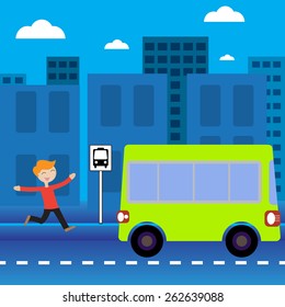 Young man running up the bus stop to bus stop, waiting.