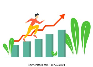 Young man running up the career ladder. Business and career development concept. Vector illustration.