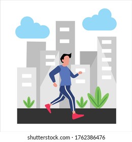 Young man running in the city. Jogging in the city. Sport and active lifestyle. Flat vector illustration. 