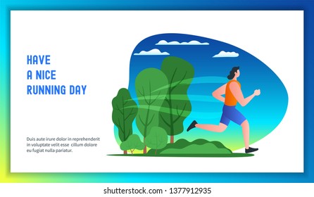 Young man running in a city park. Have a nice running day. Modern vector illustration