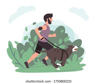 Young man running with dog in park flat illustration. Stock vector. Sport and activity with dogs, healthy lifestyle.