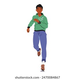 Young Man Running, Dressed In A Green Hoodie And Blue Joggers, He Represents Health And Vitality. Energetic Cartoon Vector Theme Of Fitness, Wellness And Active Lifestyle In Youthful And Engaging Way