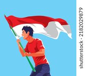 
a young man running fast holding the Indonesian national red and white flag, celebrating the independence day of the Indonesian nation