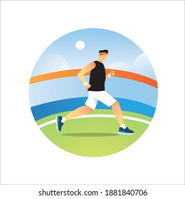 young man running in the field int he monring