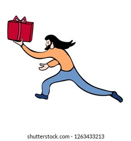 Young man running with a gift. Big red box with ribbon. Cartoon style character designed hipster man with long hair and barber. Emotional gesture pose.Vector illustration. Active social life style.