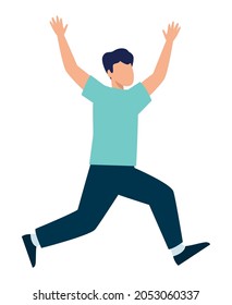 young man running with hands up