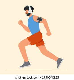 Young man running with headphones and listen music on smartphone. Healthy lifestyle, sport, jogging and self care. Flat vector illustration. 