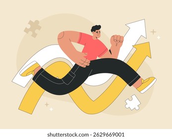 Young man running to his goal on big arrow, success in career, personal growth, professional and business development concept. Landing web page design, flat vector illustration isolated on background