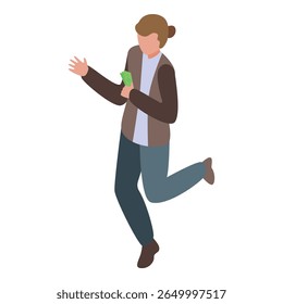 Young man is running and holding money in his hand