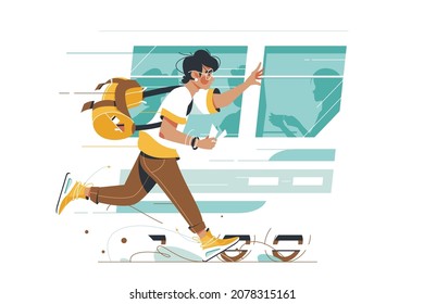 Young man running in hurry vector illustration. Person in rush try to stop train or bus, late for work flat style. Late arrival and fuss concept. Isolated on white background