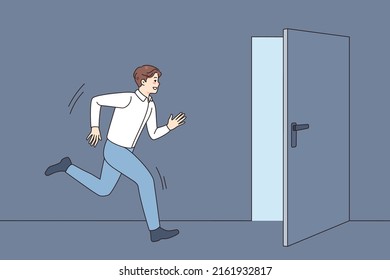 Young man running into open door strive for happy future and career success. Male in hurry move toward exit, escape from reality. Flat vector illustration. 