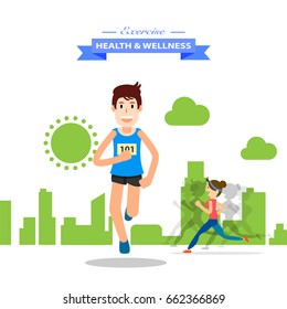 young man running jogging exercise for marathon race. individual sport character with city run background training lifestyle. vector illustration design.