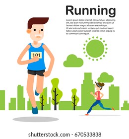 young man running jogging for marathon race individual sport. Flat character city run training. Happy lifestyle infographic. vector illustration design.