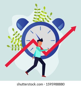 The young man was running with a large clock behind him. Success in business and economic growth. Modern vector illustration