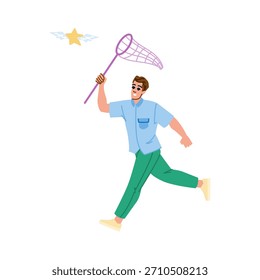 Young man running with a net to catch a flying star, symbolizing active pursuit of dreams, ambition and success with energy, determination and optimistic drive toward goals