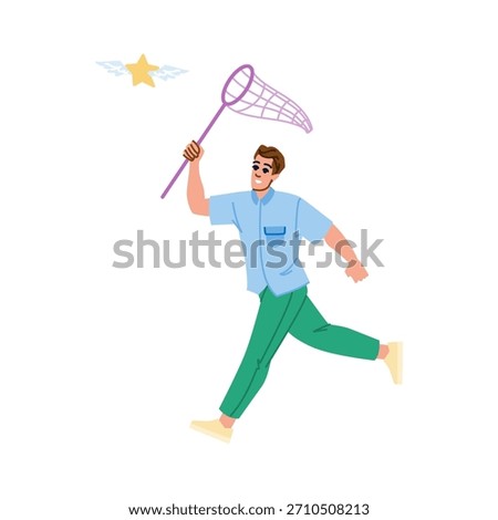 Young man running with a net to catch a flying star, symbolizing active pursuit of dreams, ambition and success with energy, determination and optimistic drive toward goals