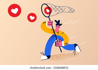 Young man running with net strive for followers likes on social media. Millennial guy with catching flying hearts attract new users or subscribers on internet. Popularity, blog. Vector illustration. 