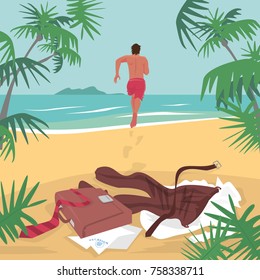 Young man running on beach to sea to swim, leaving office suit and briefcase on sand. Lettering Vacation. Freelance concept. Simplistic realistic comic art style. Vector illustration