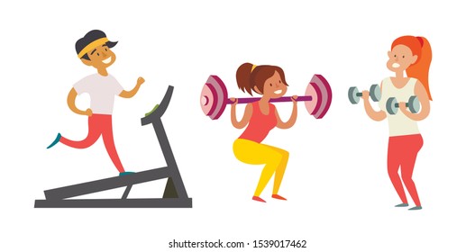 Young man running on a treadmill. Woman with dumbbells squats. Weight loss healthy lifestyle concept. Happy athlete characters in the gym. Isolated vector illustration on white background
