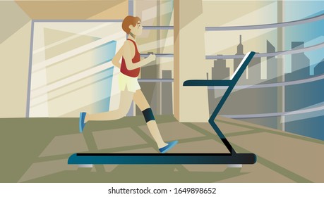 un joven corriendo en la cinta de correr aislado. Ilustración de estilo plano vectorial