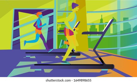 un joven corriendo en la cinta de correr aislado. Ilustración de estilo plano vectorial