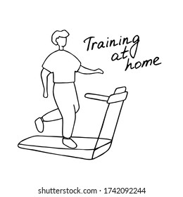 Young man running on treadmill. Sport training at home. Doodle vector graphic