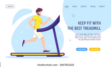 Der junge Mann läuft auf einer Laufmühle. Running, Sport Training, Gesunder Lebensstil, Energie, Fitness. Cardio Workout Konzept. Vektorgrafik für Poster, Banner, Plakat, Website.