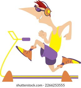 Joven corriendo sobre una cinta de correr. Ejecutando simulador.
Caricaturista con audífonos corriendo sobre una cinta de correr. Ejecutar máquina o pista
