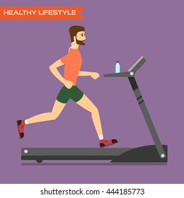 Young man running on treadmill. Healthy way of life, exercise and run. Vector flat illustration.