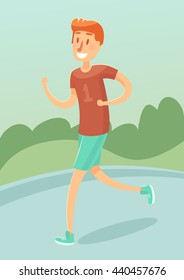 Young man running outdoors, friendly male character, vector illustration, flat style