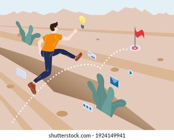 A young man running overcomes obstacles to achieve his goals. Desert savanna landscape, a metaphor for overcoming obstacles on your way. Trendy flat vector